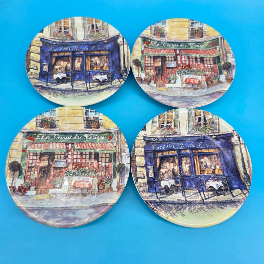 Cider House French Cafe Scene Ceramic Appetizer Plates Set of 4 Blue Red Bistro